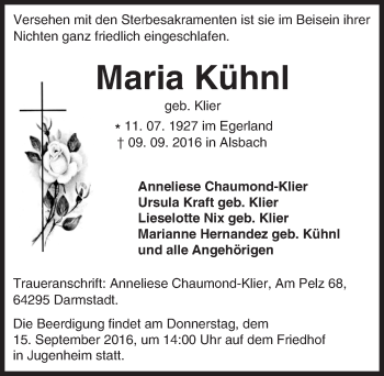 Traueranzeige von Maria Kühnl von Trauerportal Echo Online
