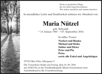 Traueranzeige von Maria Nützel von Trauerportal Rhein Main Presse