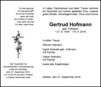 Traueranzeige von Gertrud Hofmann von  Gießener Anzeiger