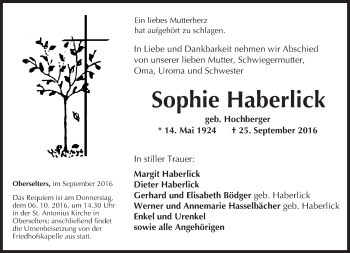 Traueranzeige von Sophie Haberlick von  Camberger Anzeiger