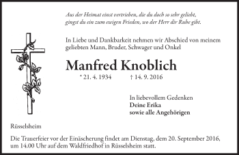 Traueranzeige von Manfred Knoblich von Trauerportal Rhein Main Presse