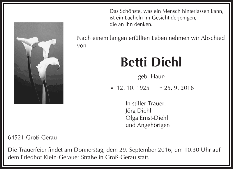  Traueranzeige für Betti Diehl vom 28.09.2016 aus Trauerportal Echo Online