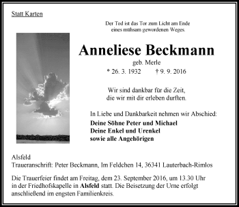 Traueranzeige von Anneliese Beckmann von VRM Trauer