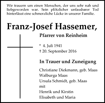 Traueranzeige von Franz-Josef Hassemer von Trauerportal Echo Online