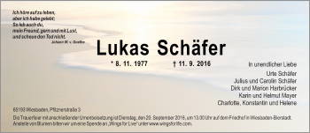 Traueranzeige von Lukas Schäfer von Trauerportal Rhein Main Presse