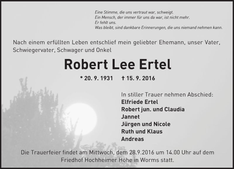  Traueranzeige für Robert Lee Ertel vom 24.09.2016 aus Trauerportal Rhein Main Presse