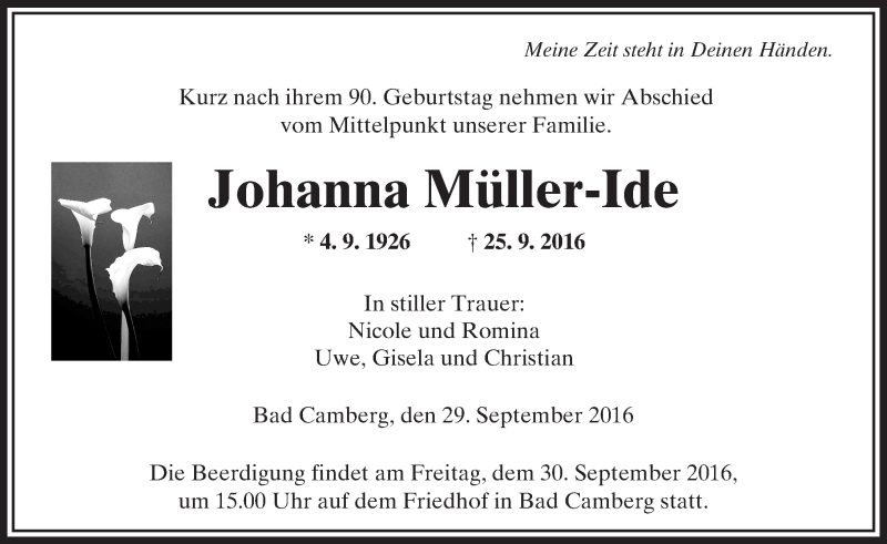  Traueranzeige für Johanna Müller-Ide vom 29.09.2016 aus  Camberger Anzeiger