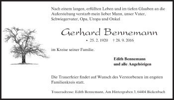 Traueranzeige von Gerhard Bennemann von Trauerportal Echo Online