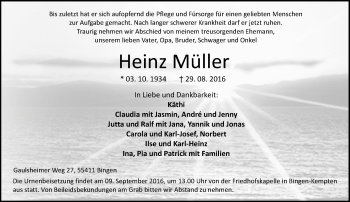 Traueranzeige von Heinz Müller von Trauerportal Rhein Main Presse