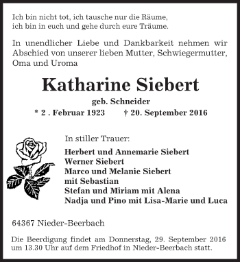 Traueranzeige von Katharine Siebert von Trauerportal Echo Online