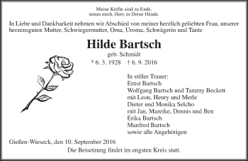 Traueranzeige von Hilde Bartsch von  Gießener Anzeiger