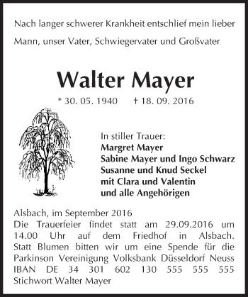 Traueranzeige von Walter Mayer von Trauerportal Echo Online