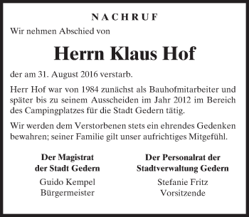 Traueranzeige von Klaus Hof von  Kreisanzeiger