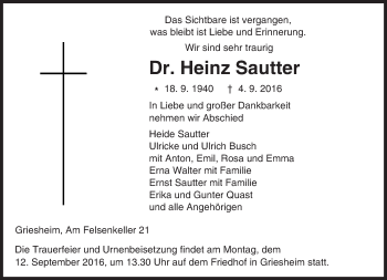 Traueranzeige von Heinz Sautter von Trauerportal Echo Online
