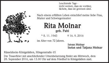 Traueranzeige von Rita Molnar von Trauerportal Rhein Main Presse