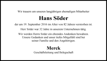 Traueranzeige von Hans Söder von Trauerportal Echo Online