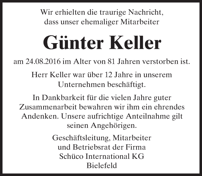  Traueranzeige für Günter Keller vom 13.09.2016 aus Trauerportal Echo Online