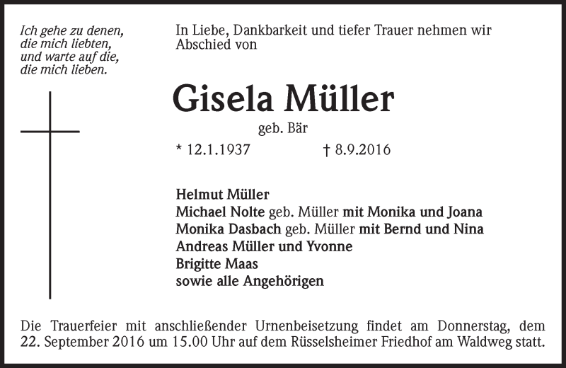  Traueranzeige für Gisela Müller vom 17.09.2016 aus Trauerportal Rhein Main Presse