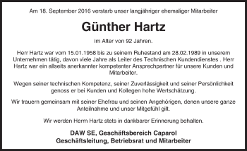 Traueranzeige von Günther Hartz von Trauerportal Echo Online