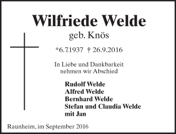 Traueranzeige von Wilfriede Welde von Trauerportal Rhein Main Presse