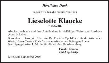 Traueranzeige von Lieselotte Klaucke von Trauerportal Rhein Main Presse