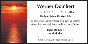 Traueranzeige von Werner Dombert von Trauerportal Echo Online