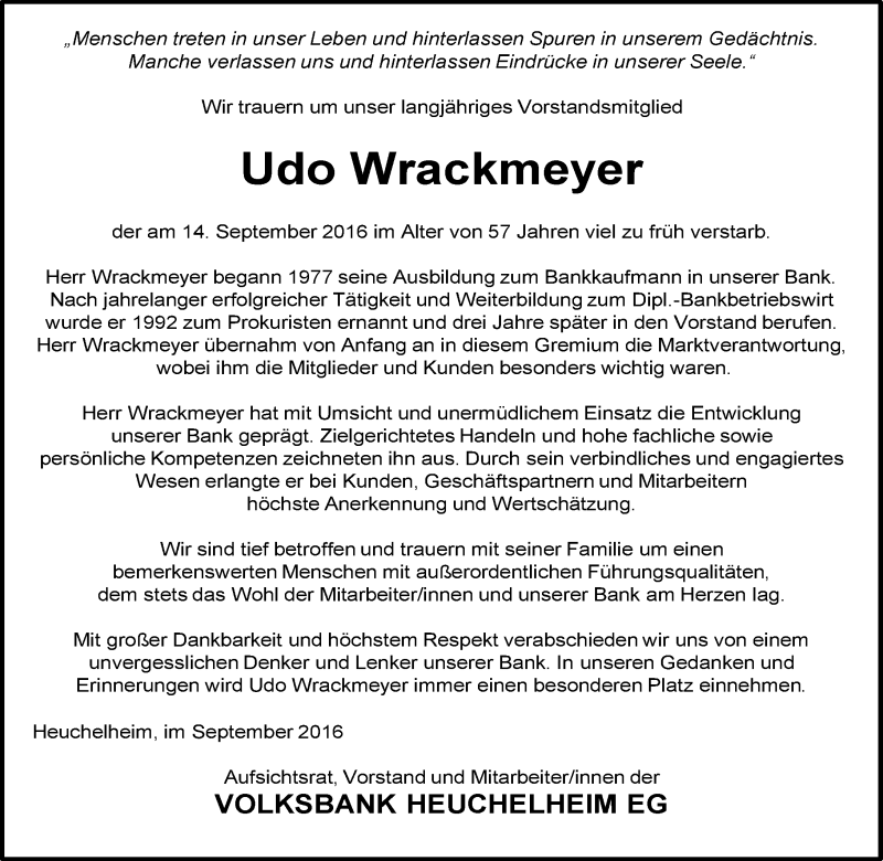 Traueranzeige für Udo Wrackmeyer vom 20.09.2016 aus  Gießener Anzeiger