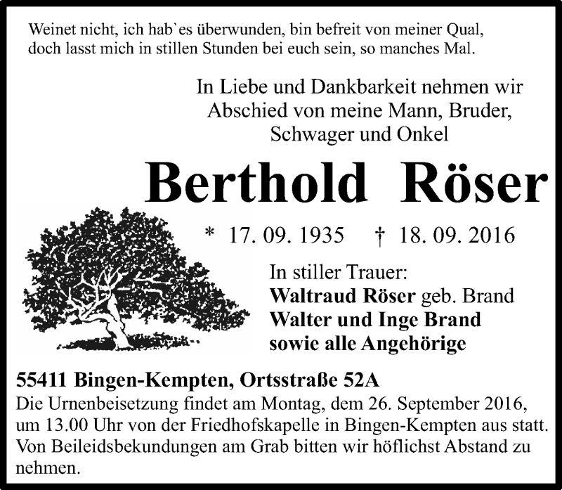  Traueranzeige für Berthold Röser vom 21.09.2016 aus Trauerportal Rhein Main Presse
