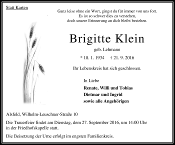 Traueranzeige von Brigitte Klein von VRM Trauer
