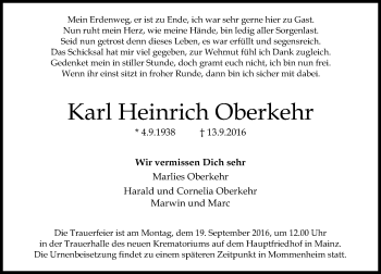 Traueranzeige von Karl Heinrich Oberkehr von Trauerportal Rhein Main Presse