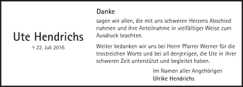 Traueranzeige von Ute Hendrichs von Trauerportal Echo Online