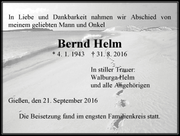 Traueranzeige von Bernd Helm von  Gießener Anzeiger