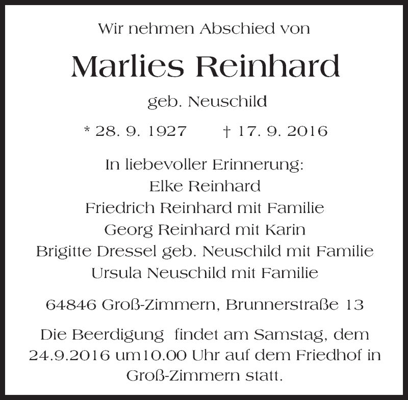  Traueranzeige für Marlies Reinhard vom 21.09.2016 aus Trauerportal Echo Online