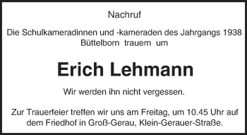 Traueranzeige von Erich Lehmann von Trauerportal Echo Online