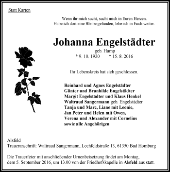 Traueranzeige von Johanna Engelstädter von VRM Trauer
