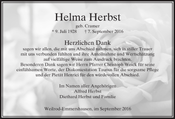 Traueranzeige von Helma Herbst von  Usinger Anzeiger
