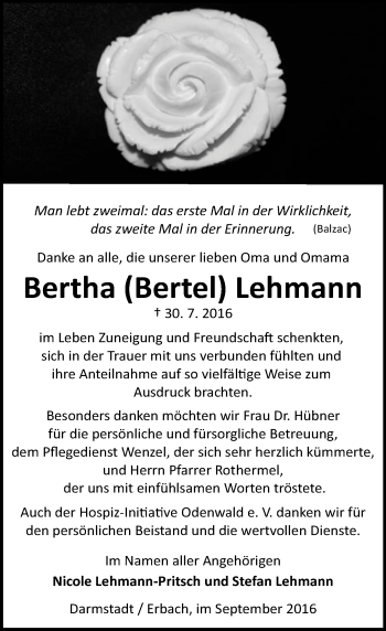 Traueranzeige von Bertha Lehmann von Trauerportal Echo Online