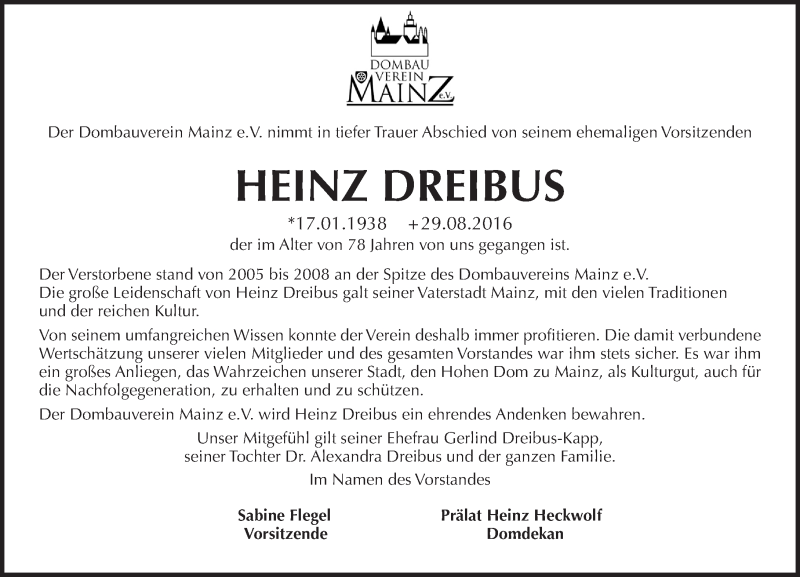  Traueranzeige für Heinz Dreibus vom 01.09.2016 aus Trauerportal Rhein Main Presse