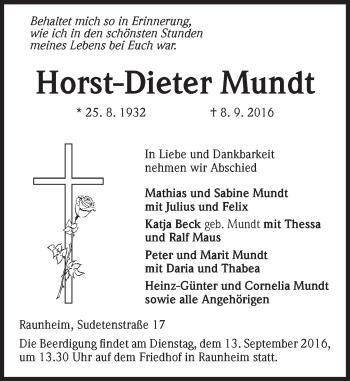 Traueranzeige von Horst-Dieter Mundt von Trauerportal Rhein Main Presse