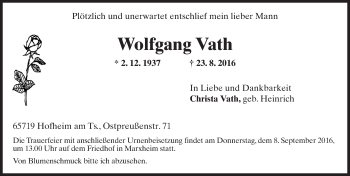 Traueranzeige von Wolfgang Vath von Trauerportal Rhein Main Presse