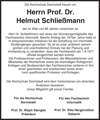 Traueranzeige von Helmut Schließmann von Trauerportal Echo Online