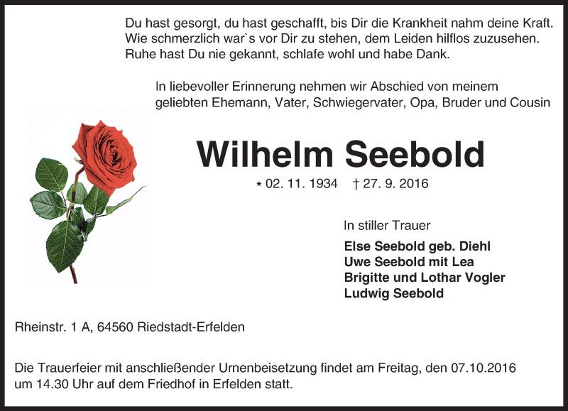  Traueranzeige für Wilhelm Seebold vom 01.10.2016 aus Trauerportal Echo Online