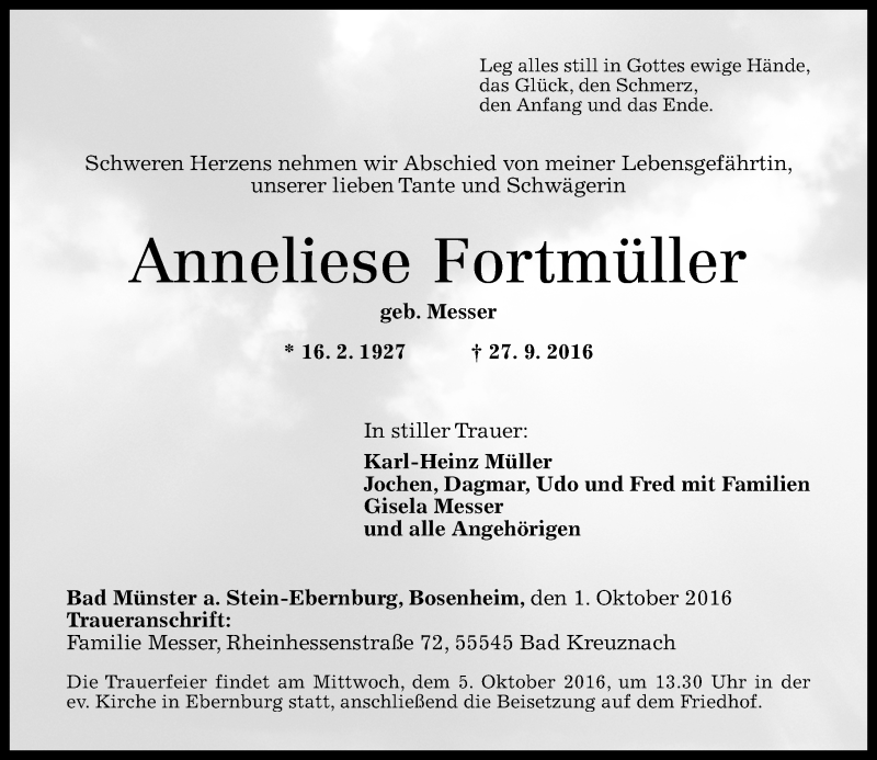  Traueranzeige für Anneliese Fortmüller vom 01.10.2016 aus Trauerportal Rhein Main Presse