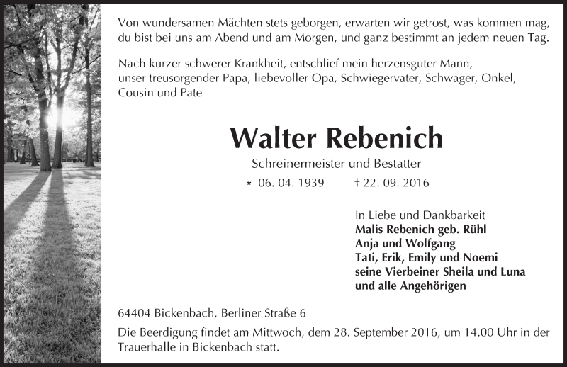  Traueranzeige für Walter Rebenich vom 24.09.2016 aus Trauerportal Echo Online