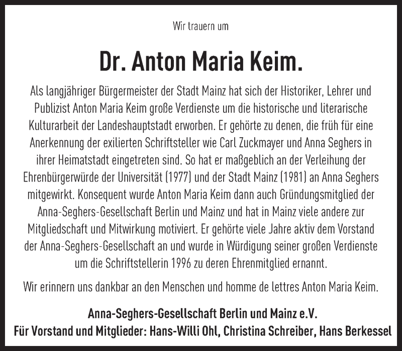  Traueranzeige für Anton Maria  Keim vom 16.09.2016 aus Trauerportal Rhein Main Presse