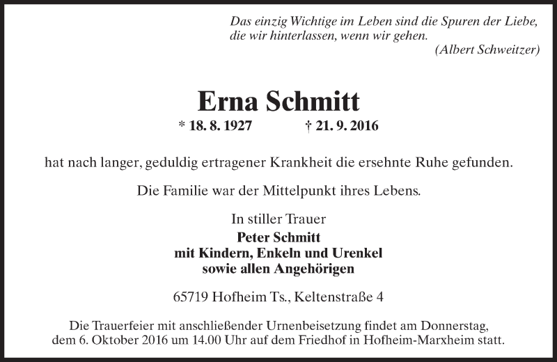  Traueranzeige für Erna Schmitt vom 30.09.2016 aus Trauerportal Rhein Main Presse