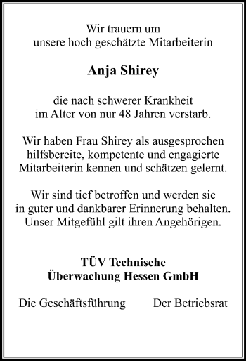 Traueranzeige von Anja Shirey von Trauerportal Echo Online