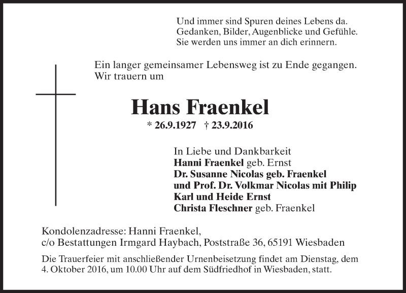  Traueranzeige für Hans Fraenkel vom 01.10.2016 aus Trauerportal Rhein Main Presse
