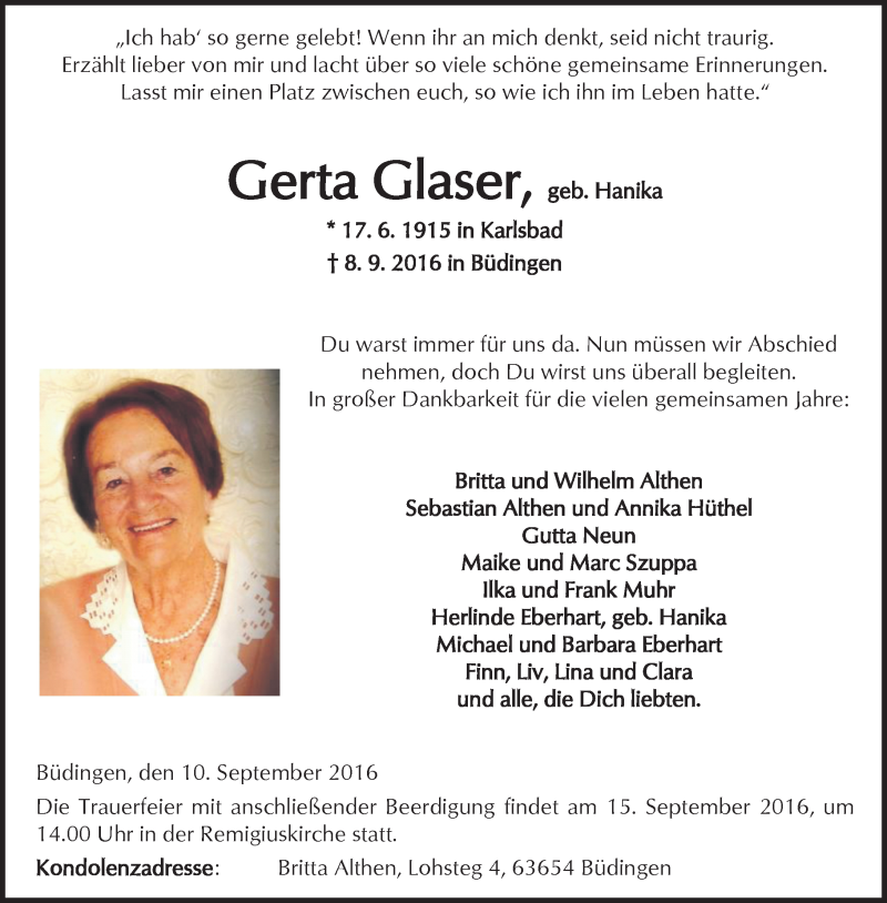  Traueranzeige für Gerta Glaser vom 13.09.2016 aus  Kreisanzeiger