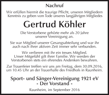 Traueranzeige von Gertrud Köhler von Trauerportal Rhein Main Presse